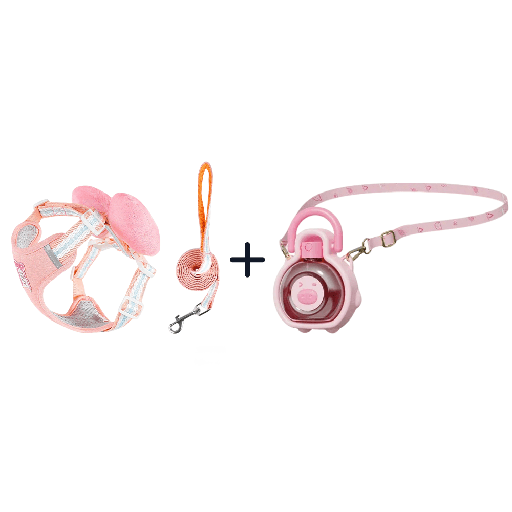 【GW限定・お出かけセット】リボン付きハーネス ＋ ぷっくりブタさん水筒｜可愛さ満点！写真映え間違いなし