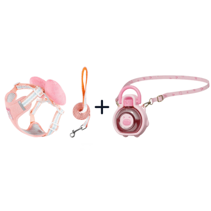 【GW限定・お出かけセット】リボン付きハーネス ＋ ぷっくりブタさん水筒｜可愛さ満点！写真映え間違いなし