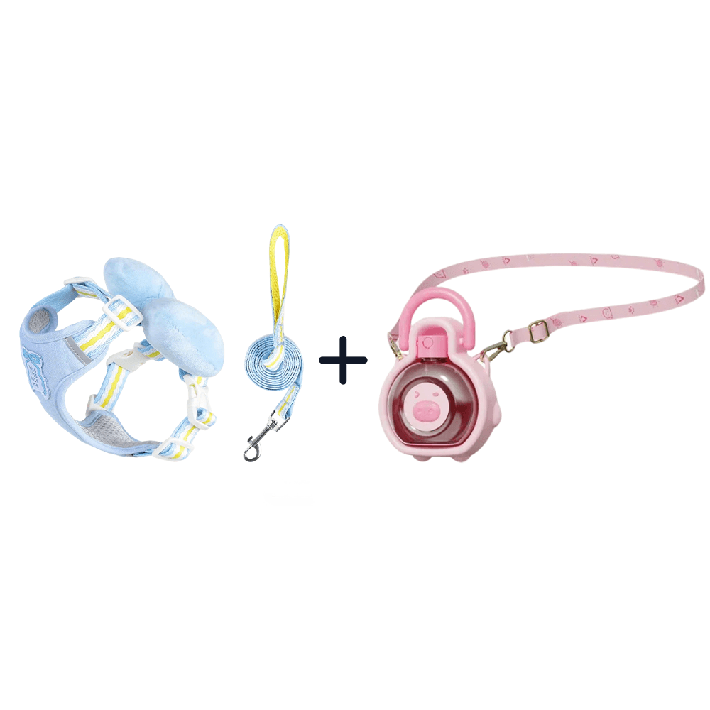 【GW限定・お出かけセット】リボン付きハーネス ＋ ぷっくりブタさん水筒｜可愛さ満点！写真映え間違いなし