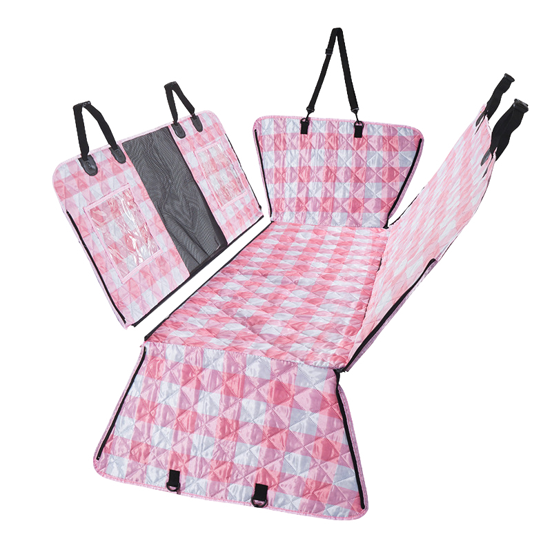 チェック柄ペット用ドライブシート 防水防汚耐久 ハンモック式 犬猫用多機能車用シートカバー 滑り止め固定 大容量収納ポケット メッシュ窓通気 両開きファスナー シートベルト対応 小型犬中型犬大型犬対応 アンカー付 多層構造撥水加工 洗える 全車種対応-Giipet