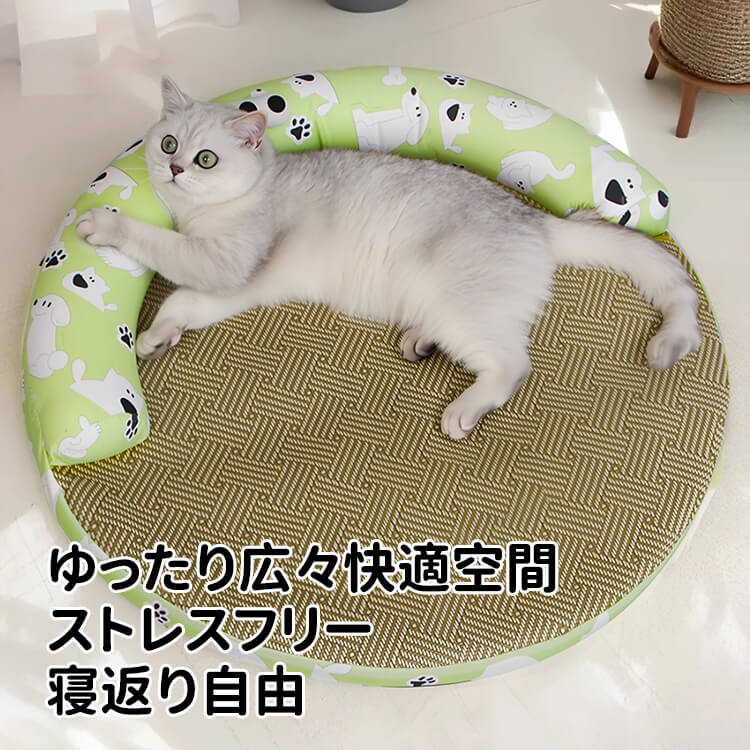 夏の枕付きペットベッド 接触冷感シート 犬猫用 藤編み 麻生地 高反発 洗える 丈夫 通気性抜群 ムレない ひんやり快適 寝返り自由 体圧分散 滑り止め 耐久性 破れにくい 小型犬 中型犬 子犬 老犬