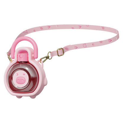 ペット用ブタ型携帯水筒 犬 給水器 折りたたみ ウォーターボトル  400ml ストラップ付き 肩掛け 斜め掛け ハンズフリー 持ち運び便利 水漏れ防止 ワンタッチ スライドロック 広口 丸洗い お散歩 お出かけ 小型犬 中型犬 大型犬 猫用