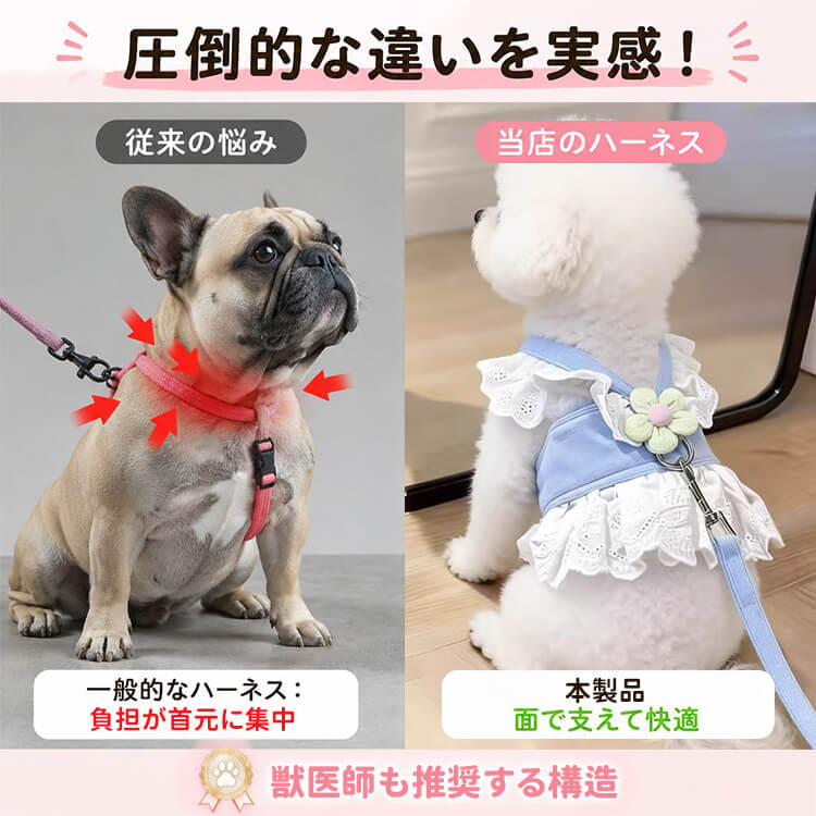 レースとチュールが可愛いペット用ハーネスセット 面で支えて首が痛く
