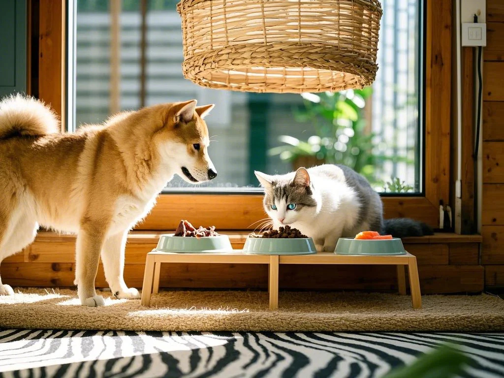 北欧風の木の家の窓辺で、柴犬（琥珀色の毛がふわふわ）とラグドール猫（青い目を細めて）がそれぞれ食事に夢中になっている。原木色の階段式食器スタンド（三段の不規則な配置）には、上段に竹繊維のボウルに新鮮な肉のフリーズドライが盛られ、下段には陶器の皿にサーモンのキャットフードが置かれている。中央には籐編みの半透明の仕切りカーテンが吊るされ、日差しがブラインドを通して床にゼブラ模様の光影を作り出している。背景には緑の植物の壁と編み込みのカーペットが見え、全体の色調はミルクティー色とセージグリーンである。