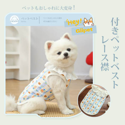 全棉紗レース襟ペットベスト 猫も犬も着用 OK 綿100% ガーゼ 通気性抜群 涼しい 蒸れない 春夏 新作 可愛い おしゃれ 抜け毛防止 散歩 お出かけ
