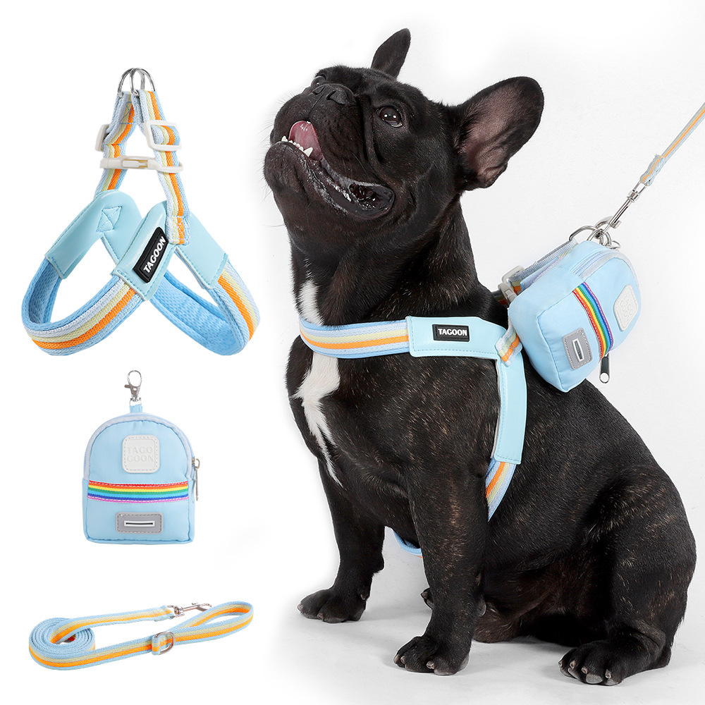 犬用Y字型ハーネス&リードセット 中小型犬向け 虹色レインボーカラー 軽量メッシュ素材 通気性抜群 首締め付けない 引っ張り防止 骨格圧迫しない快適設計 サイズ調整可能 着脱簡単 丈夫なPUレザー素材 お散歩が快適に
