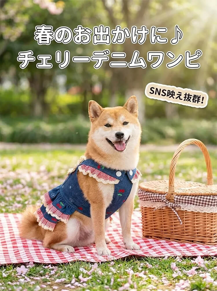 犬用デニムワンピース チェリー刺繍 丈夫なドッグウェア 耐久性