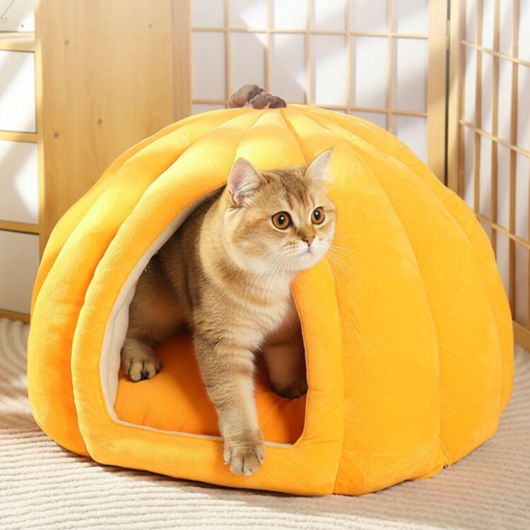 かぼちゃ型ペットベッド 犬猫兼用 ドーム型ペットハウス 秋冬用 保温 防寒 ぽかぽか 360°防風 ふわふわ とろける肌触り 上質綿100% へたりにくい 高反発 体圧分散 丸洗いOK 引っかきに強い 滑り止め 秘密基地 安眠 ぐっすり 小型犬 中型犬 猫-Giipet