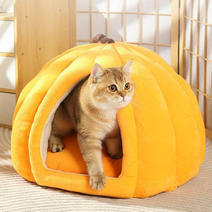 かぼちゃ型ペットベッド 犬猫兼用 ドーム型ペットハウス 秋冬用 保温 防寒 ぽかぽか 360°防風 ふわふわ とろける肌触り 上質綿100% へたりにくい 高反発 体圧分散 丸洗いOK 引っかきに強い 滑り止め 秘密基地 安眠 ぐっすり 小型犬 中型犬 猫-Giipet