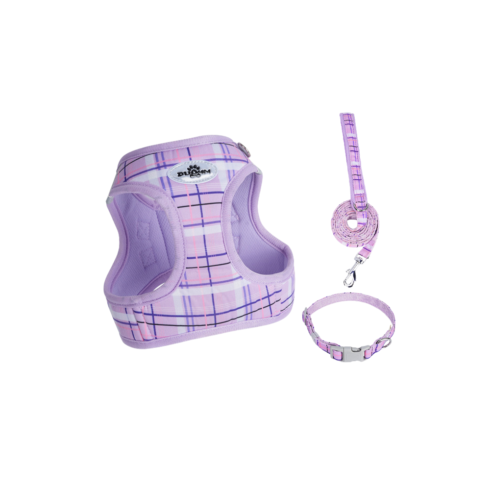 ソフトメッシュチェックハーネス 首轮 3点セット インスタ风 通気性 反射材付き 夜间安全 衝撃分散 ベルクロ调整 抜けにくい 小型犬 中型犬 猫 1.5-14kg対応 お散歩 お出かけ