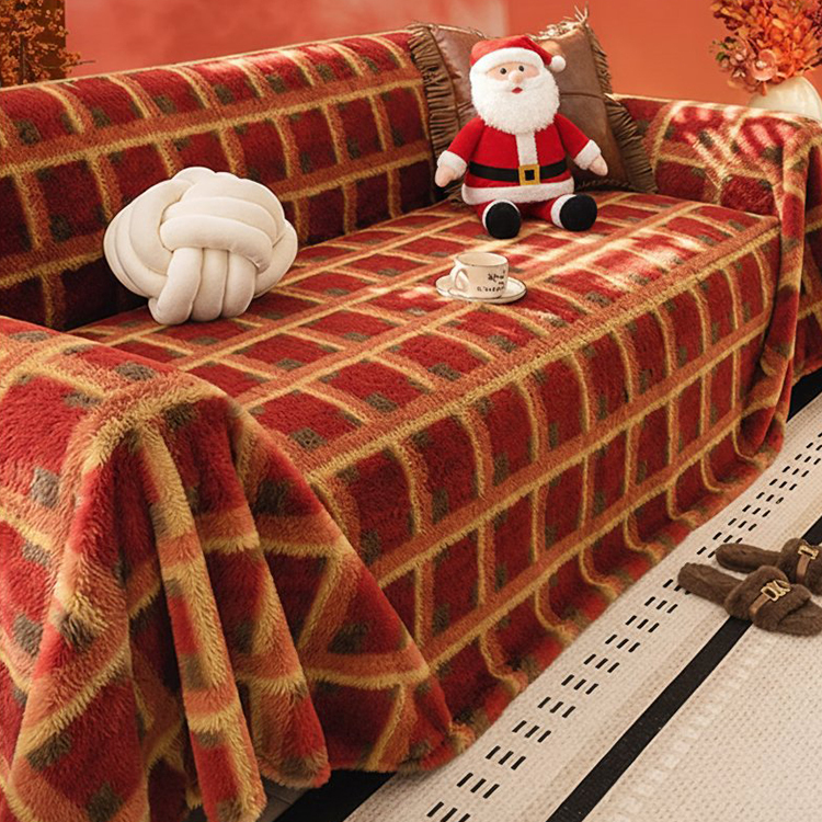 秋冬用 クリスマスチェック柄 ソファカバー ラビットファー調 なめらか肌触り ふわふわ 保温 軽量 厚手 高品質シェニール マルチカバー リビングインテリア 防汚 ズレ防止 おしゃれ 季節感たっぷり-Giipet
