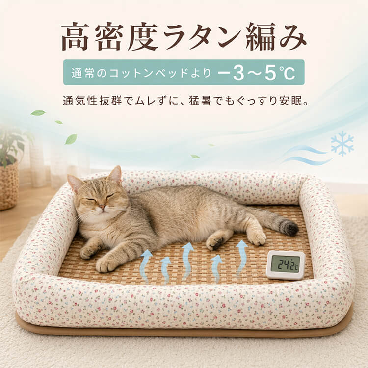 アソボラボ ペット用 ラタン ベッド ビーズクッション ラウンドベッド 猫 犬 2in1 天然藤編みペットベッド 夏用 ラタンベッド 犬 猫 ひんやり