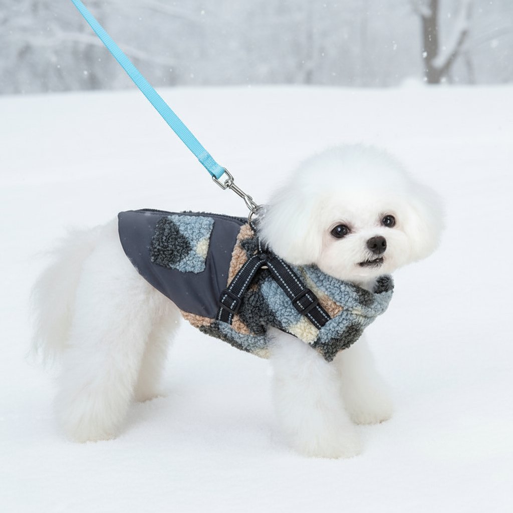 ハーネス一体型防寒ウェア 犬猫兼用 ドッグウェア 犬服 冬用 あったか保温 フリースボア 厚手ふわふわ 柔らか 360°反射材 夜間散歩安全 リードフック 1秒装着 締め付けゼロ ストレスフリー 外れにくい 汚れにくい 小中型犬 猫向け おしゃれ可愛い 寒さ対策 XS-XL-Giipet