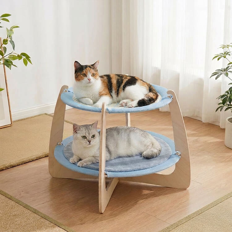 二層両面四季猫ハンモック 2段 木製 天然木 二層 独立空間 多頭飼いOK リバーシブル 亜麻 ひんやり 涼しい  四季通用 通気性抜群 頑丈 安定感 お手入れ簡単 室内用