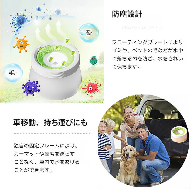 ノンドリップ浮遊式犬用給水器 口周り濡れない 水はね防止 大容量600ml/1200ml 安定設計 低重心 カビにくい安全素材 お手入れ簡単 全部品取り外し可能 ホコリ侵入軽減 お散歩用