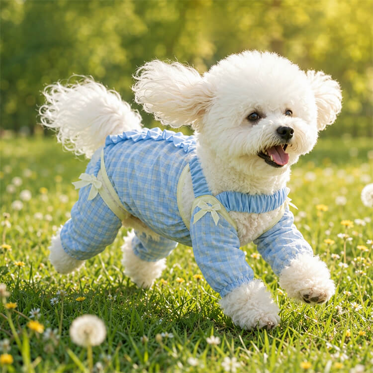 4本脚ロンパース フルカバー 犬服 夏用 つなぎ サロペット  防塵ウェア ドッグウェア 超軽量 通気性抜群 ムレにくい お腹カバー取り外し可能 防虫 防汚 抜け毛対策 散歩 リボン ギンガムチェック 小型犬 中型犬 ペット用品