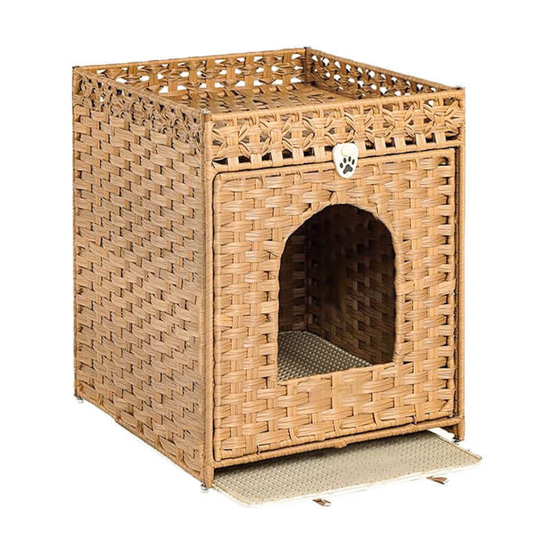 ラタン調 猫トイレカバー トイレ収納 キャットハウス 2段 二層構造 ペットベッド 2-in-1 猫用トイレ 隠す 爪とぎ 通気性抜群 防水 日焼け防止 目隠し 室内用 お手入れ簡単 インテリア おしゃれ 家具 快適空間