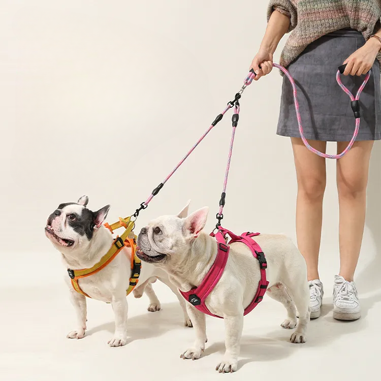 二頭引きリード 360°回転絡まない 犬用ダブルリード 高耐久ナイロン クライミングロープ 滑り止めスポンジハンドル 軽量コンパクト 丈夫な合金フック パーツ分離式 一匹/二匹対応 安全安心お散歩用