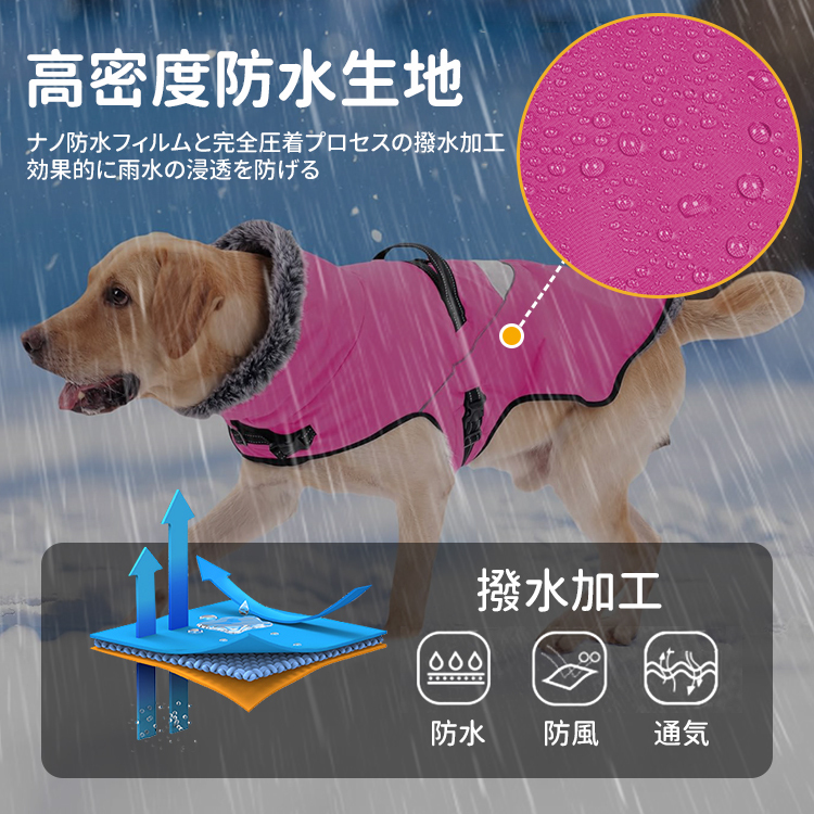 Giipet-犬用ラビットファー付き防寒防風コート 秋冬用防水防雪フリース裏地 反射ストラップ＆アジャスター付き調整可能 中型犬大型犬対応 保温性抜群 多色展開-Giipet