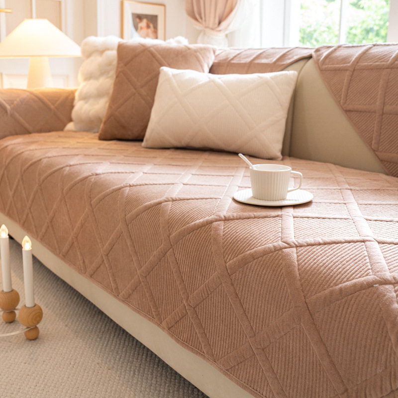 立体チェック柄ふんわり厚手ソファカバー 暖かい 高品質シェニール織り 防塵防ダニ 滑り止め 洗える キルティング加工 犬猫対策 ペット用 ソファー保護カバー 北欧 おしゃれ 無地 多色展開
