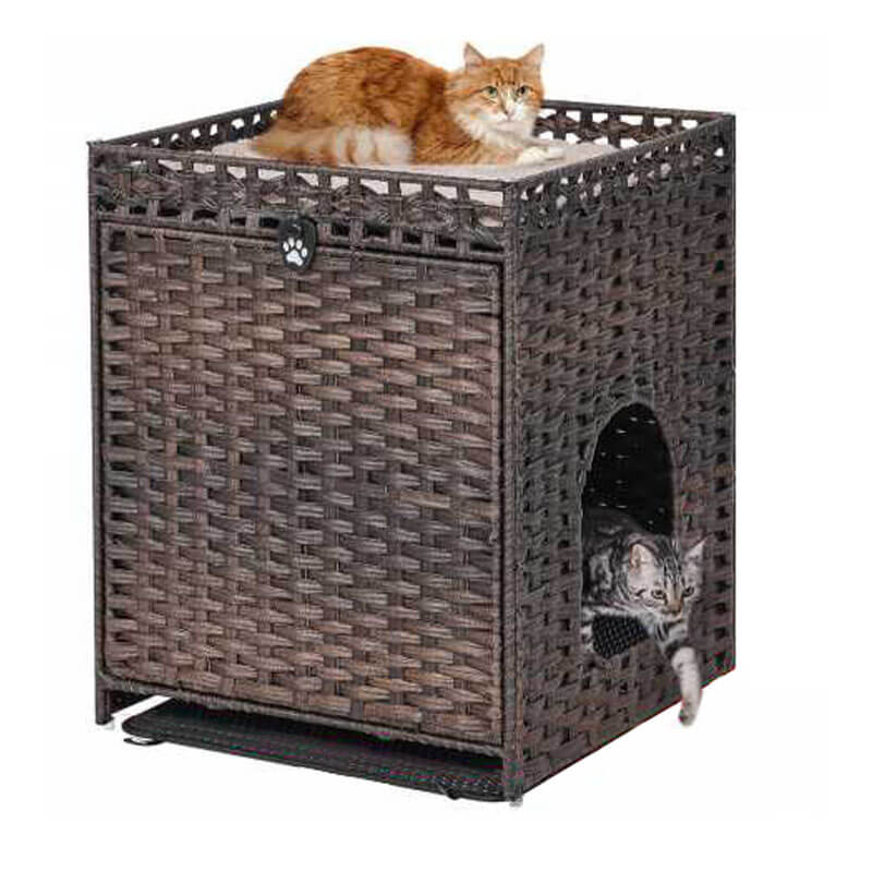 ラタン調 猫トイレカバー トイレ収納 キャットハウス 2段 二層構造 ペットベッド 2-in-1 猫用トイレ 隠す 爪とぎ 通気性抜群 防水 日焼け防止 目隠し 室内用 お手入れ簡単 インテリア おしゃれ 家具 快適空間