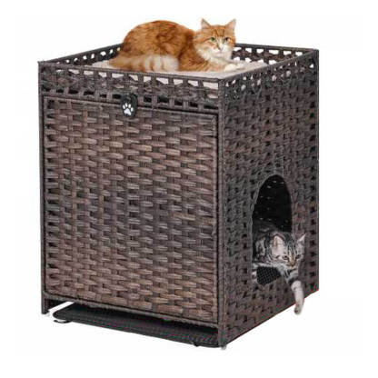 ラタン調 猫トイレカバー トイレ収納 キャットハウス 2段 二層構造 ペットベッド 2-in-1 猫用トイレ 隠す 爪とぎ 通気性抜群 防水 日焼け防止 目隠し 室内用 お手入れ簡単 インテリア おしゃれ 家具 快適空間