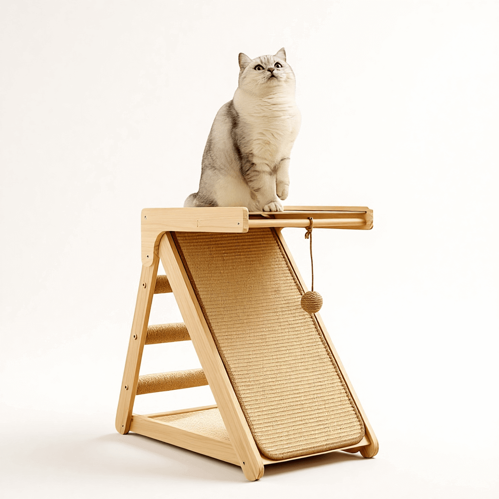 折りたたみ式猫用爪とぎタワー 天然木製 組み立て不要 多機能 3面使える コンパクト収納 安定感抜群 三角構造 スロープ付き 全年齢・多頭飼い対応 子猫 ぽっちゃり猫も安心 麻縄 サイザル麻 高密度 爪とぎ ストレッチ 遊び場 寝床 一台多役-Giipet