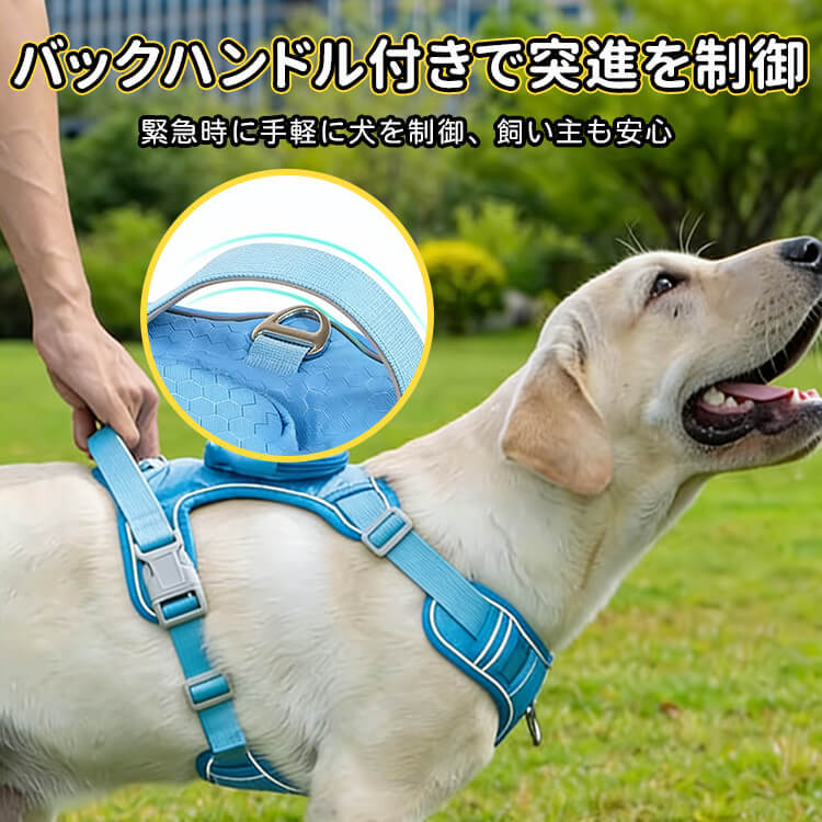 犬用ハーネス バックパック一体型 リュック付き 胴輪 小型犬 中型犬 大型犬 表面防水 耐摩耗生地 裏地メッシュ 通気性抜群 背部ハンドル付き 突進防止 断裂防止 環状リフレクター 夜間反射 視認性UP 飛び出し防止 散歩 アウトドア 自負バッグ