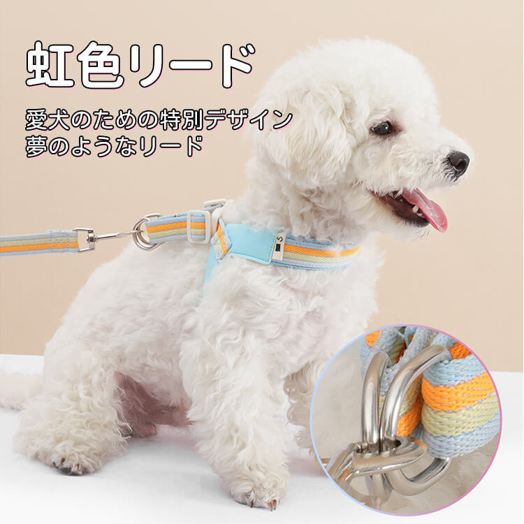 犬用Y字型ハーネス&リードセット 中小型犬向け 虹色レインボーカラー 軽量メッシュ素材 通気性抜群 首締め付けない 引っ張り防止 骨格圧迫しない快適設計 サイズ調整可能 着脱簡単 丈夫なPUレザー素材 お散歩が快適に