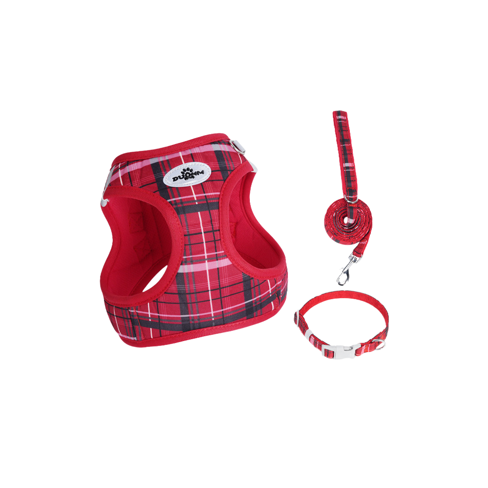 ソフトメッシュチェックハーネス 首轮 3点セット インスタ风 通気性 反射材付き 夜间安全 衝撃分散 ベルクロ调整 抜けにくい 小型犬 中型犬 猫 1.5-14kg対応 お散歩 お出かけ