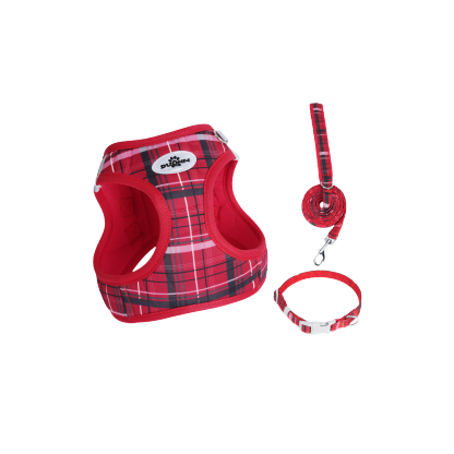 ソフトメッシュチェックハーネス 首轮 3点セット インスタ风 通気性 反射材付き 夜间安全 衝撃分散 ベルクロ调整 抜けにくい 小型犬 中型犬 猫 1.5-14kg対応 お散歩 お出かけ