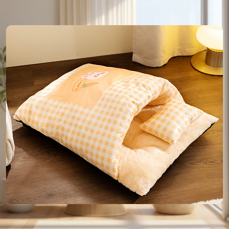 厚手猫用寝袋 キャットハウス 猫 グッズ ペットベッド布団型 猫用ベッド 猫用寝袋 枕付き お布団 和風 冬用 裏起毛 寒さ対策 保温防寒 猫布団 ペットマット クッション 滑り止め ふ