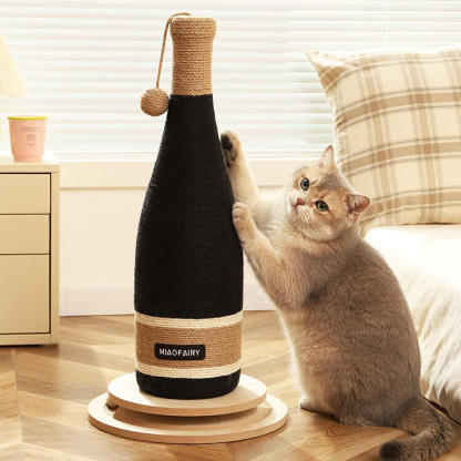 ワインボトル型猫用爪とぎ フルカバー 麻縄 剣麻 ストレス解消 運動不足対策 家具保護 360°どこでも研げる 耐久性 研ぎカス出ない 倒れない 吸盤/回転ボール/底部ボード選べる 天然木 おしゃれ インテリア