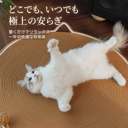 マカロン手編み猫爪とぎマット 円形 60cm オールシーズン対応 ひんやり快適 綿麻ロープ素材 耐久性抜群 爪とぎ・寝床兼用 持ち運び簡単 猫耳デザイン 内蔵ボール付き