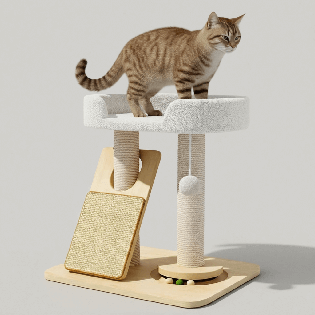 木製キャットハウス一体型爪とぎタワー 全年齢対応 多機能 猫タワー 麻縄爪とぎ 広々ベッド ボールおもちゃ付き 安定感抜群 お手入れ簡単 天然素材 耐久性 ストレス解消 ぽっちゃり猫も安心 省スペース 48x39x50cm