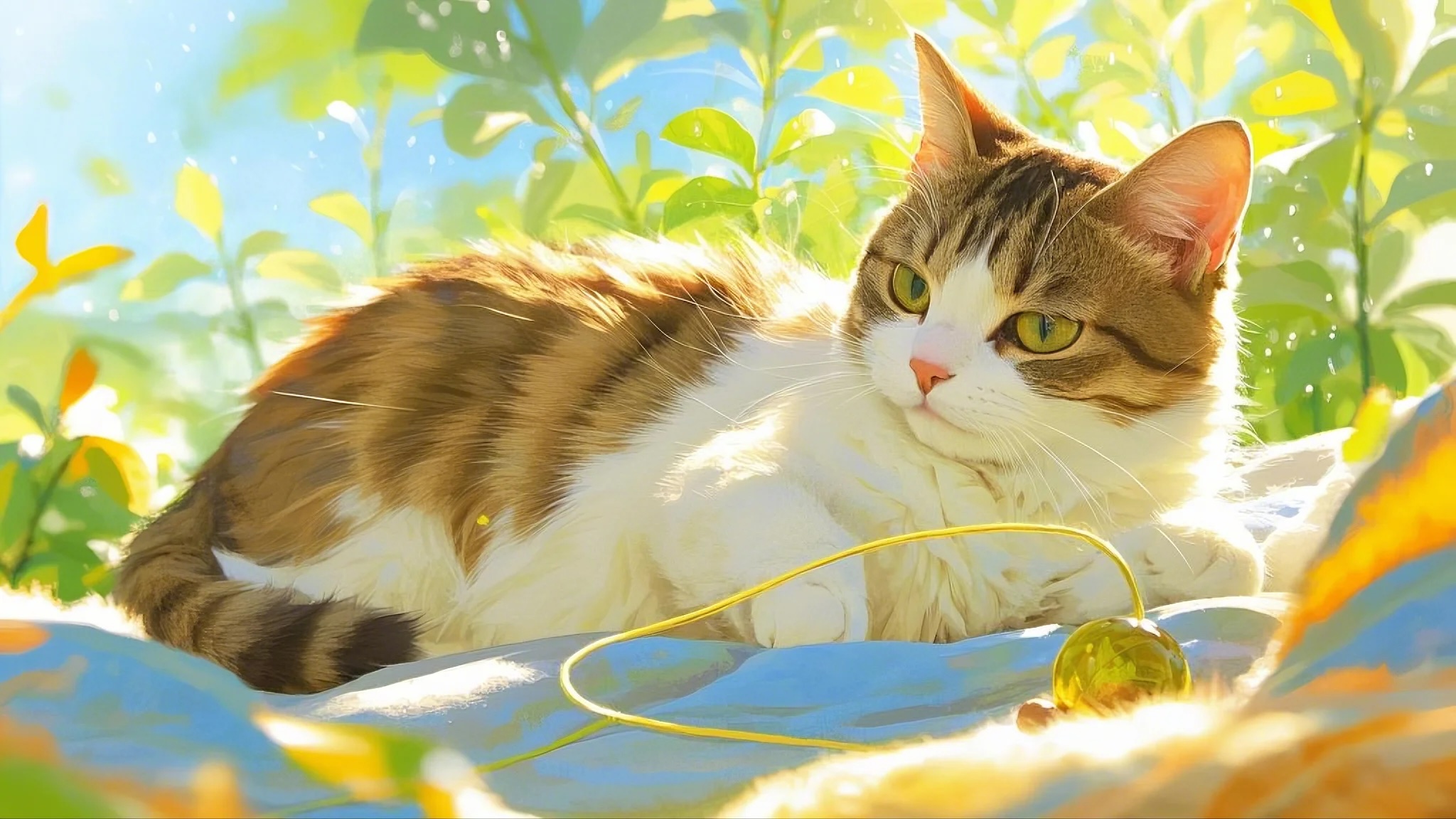 A peaceful, warm illustration of a content cat lying on a soft blanket after playtime, bathed in gentle sunlight. The image is simple, serene, and full of light, conveying a sense of well-being and calm.