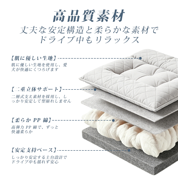 ペット用車載シート ドライブボックス 犬 猫兼用 車用ペットベッド 飛び出し防止 固定ベルト付き ずれない 立体サポート 型崩れしにくい 高め囲い 安心感抜群 ふわふわ PP綿素材 洗える お出かけ 四季通用 小中型犬