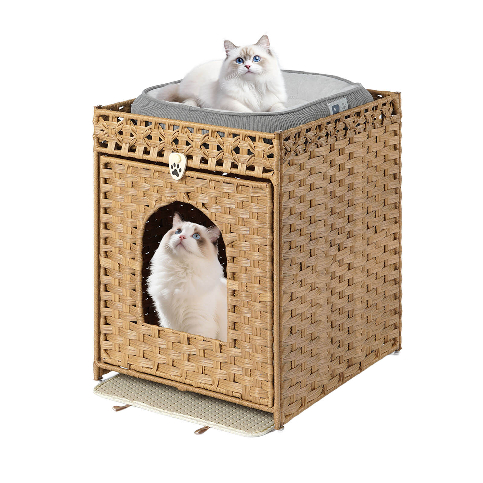 ラタン調 猫トイレカバー トイレ収納 キャットハウス 2段 二層構造 ペットベッド 2-in-1 猫用トイレ 隠す 爪とぎ 通気性抜群 防水 日焼け防止 目隠し 室内用 お手入れ簡単 インテリア おしゃれ 家具 快適空間
