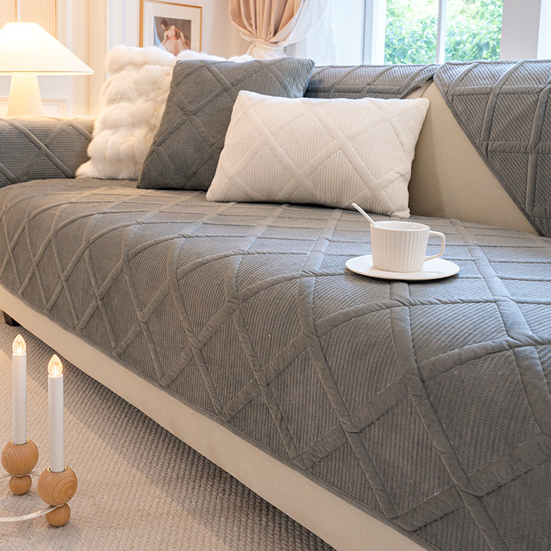 立体チェック柄ふんわり厚手ソファカバー 暖かい 高品質シェニール織り 防塵防ダニ 滑り止め 洗える キルティング加工 犬猫対策 ペット用 ソファー保護カバー 北欧 おしゃれ 無地 多色展開