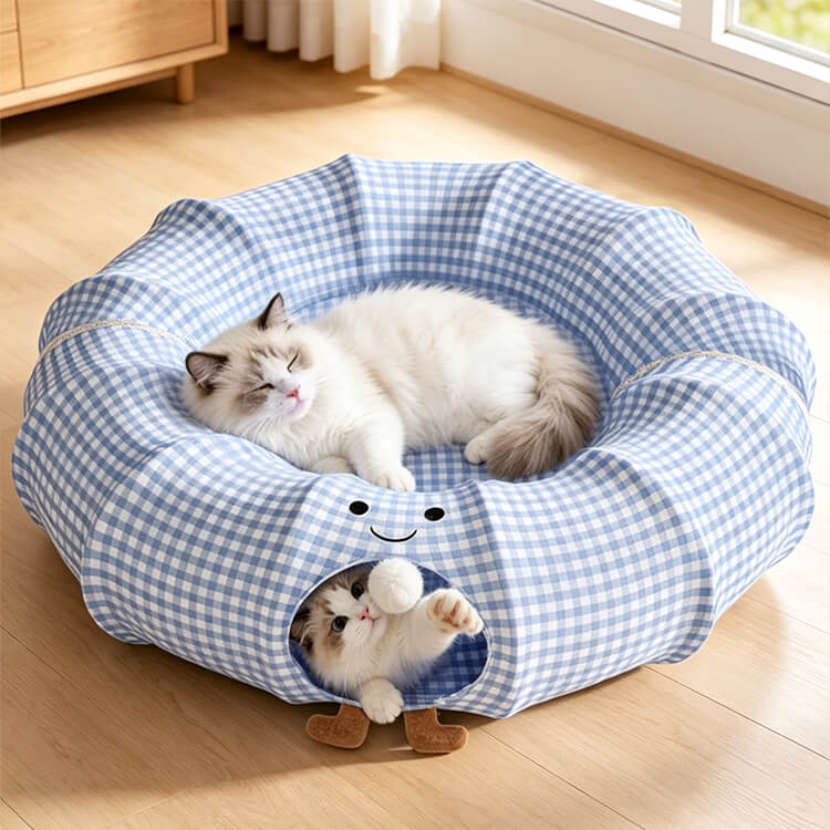 【トンネル付きキャットハウス】組み立て式 夏でも涼しい綿リネン 頑丈スチール 猫ちゃんの夏の秘密基地やお昼寝に 広々2in1設計 折りたたみ収納