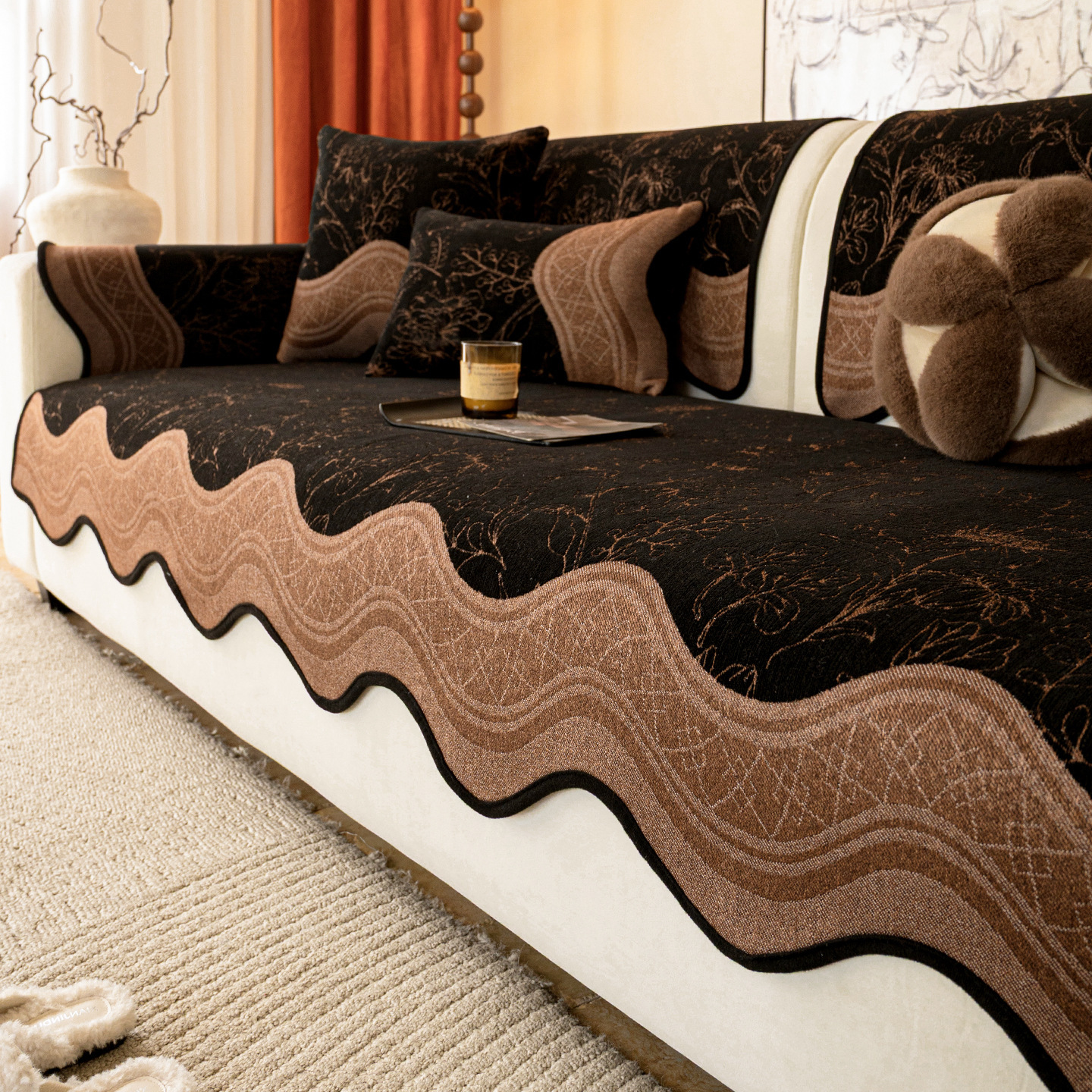 ソファーパッド ソファーカバー 1人掛け 2人掛け 3人掛け シェニール素材 滑り止め付き 耐摩耗性 レトロ 植物ジャカード 高級感 ウェーブライン 肘付き 肘なし 一体型 敷きパッド 柔らかい 肌に優しい 四季適用 洗える おしゃれ