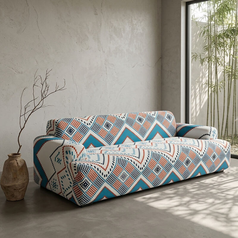 北欧涼感ソファカバー 幾何学アート 暑さ対策 ひんやり 接触冷感 レトロモダン  おしゃれ 伸縮性抜群 ストレッチ ペット対応 傷防止 引っかきに強い 毛がつきにくい 丸洗いOK ソファー保護カバー 蒸れない