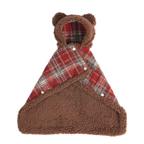 ふわふわくま耳ペットポンチョ 犬猫兼用 秋冬 防寒 保温 暖かい もこもこ フランネル チェック柄 2WAYブランケット 着る毛布 抜け毛対策 洗える ストレスフリー 安全素材 小型犬 中型犬