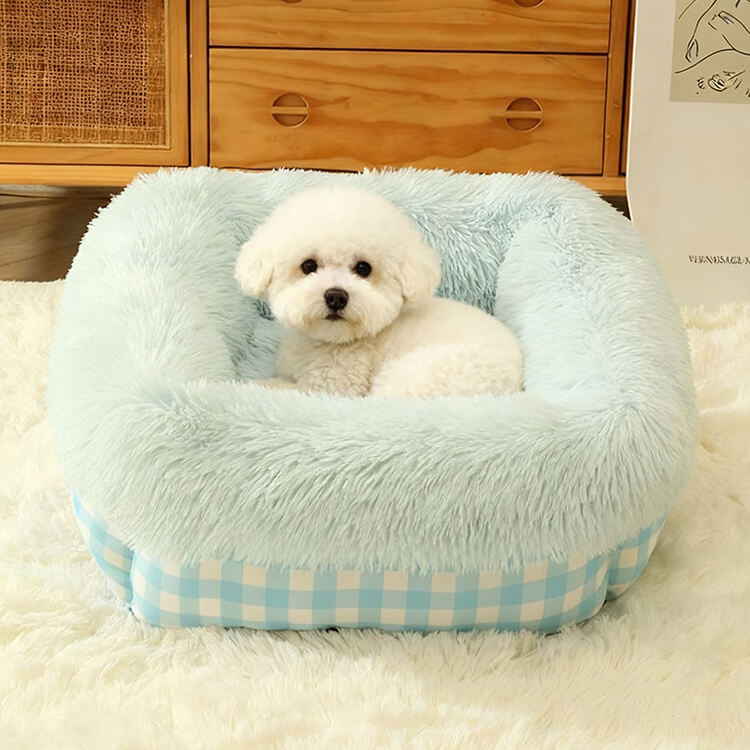 長毛ファー深型ペットベッド へたりにくい高反発クッション 丸洗いOK 滑り止め付 全包囲デザインで包み込む安心感 脊椎頸椎保護 ふわふわもこもこ蓄熱保温 暖かい犬猫兼用 子犬・シニアペット対応 オールシーズン-Giipet