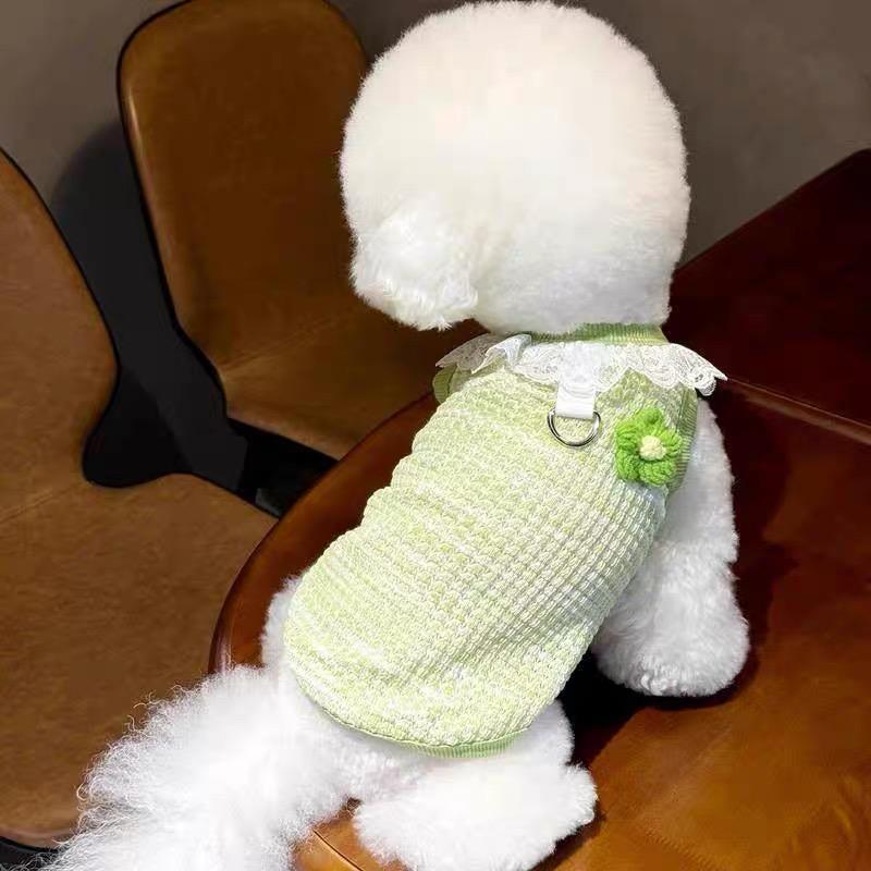 ニット製 可愛いレース襟 ペット用薄手ベスト 犬服 猫兼用 春夏 綿100