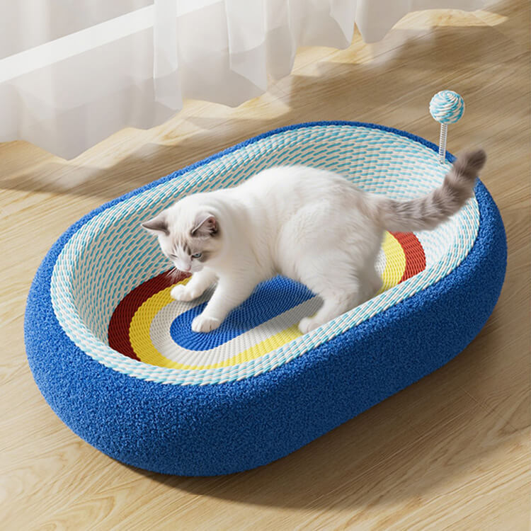 猫用爪とぎボウルベッド 星空模様 楕円形 サイザル麻 深型12cm ぐっすり眠れる 大型猫もゆったり遊べる広々スペース 家具保護 多機能ペットベッド 無臭安心素材 滑り止め加工 脊椎に優しい設計 おもちゃボール付き 耐久性抜群