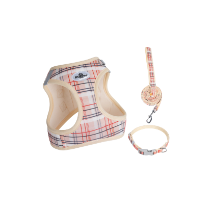 ソフトメッシュチェックハーネス 首轮 3点セット インスタ风 通気性 反射材付き 夜间安全 衝撃分散 ベルクロ调整 抜けにくい 小型犬 中型犬 猫 1.5-14kg対応 お散歩 お出かけ