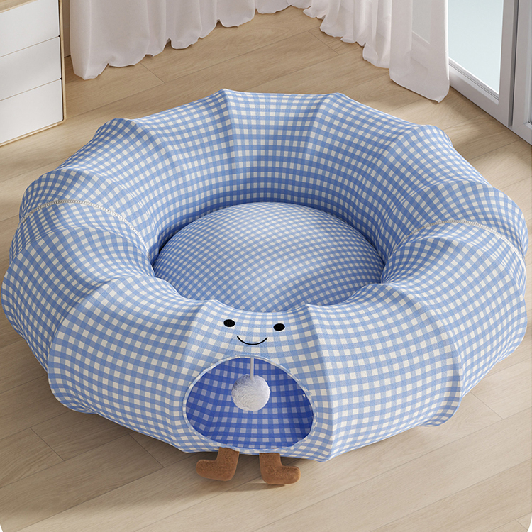 【トンネル付きキャットハウス】組み立て式 夏でも涼しい綿リネン 頑丈スチール 猫ちゃんの夏の秘密基地やお昼寝に 広々2in1設計 折りたたみ収納