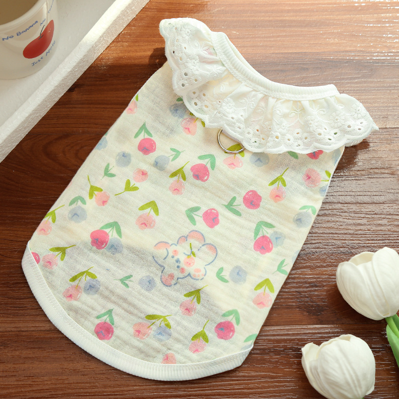 全棉紗レース襟ペットベスト 猫も犬も着用 OK 綿100% ガーゼ 通気性抜群 涼しい 蒸れない 春夏 新作 可愛い おしゃれ 抜け毛防止 散歩 お出かけ