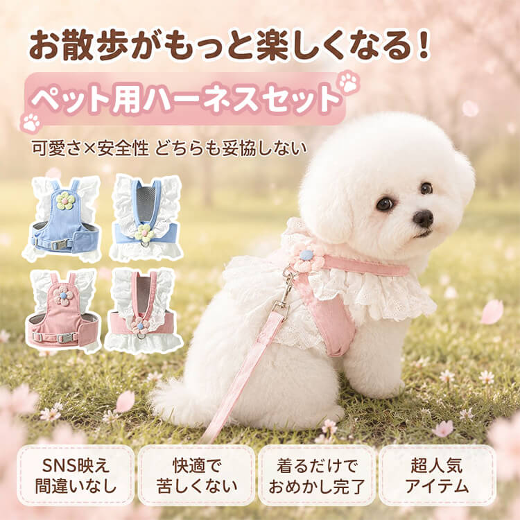 レースとチュールが可愛いペット用ハーネスセット 面で支えて首が痛くない お散歩 春夏用 小型犬・猫・中型犬用